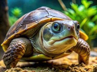Naklejka premium A fascinating Close-up of a Carettochelys insculpta, also known as the Pig-nosed Turtle, showcasing its distinctive snout and intricate shell patterns in a natural habitat.