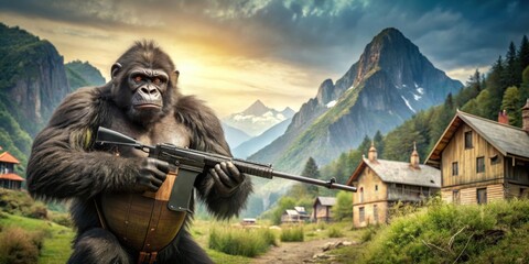 Naklejka premium Huntsman gorilla with rifle in village setting with mountains in background, gorilla, huntsman, rifle, village, houses