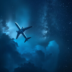 Airplane Flying Through Night Sky with Stars and Clouds
