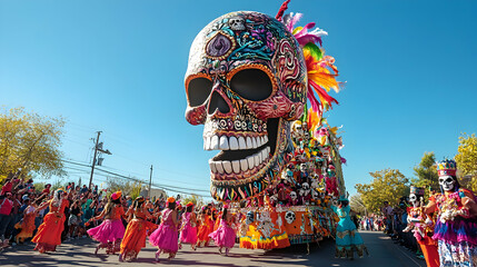 A large Day of the Dead parade float featuring a giant skull with intricate designs, surrounded by dancers in colorful traditional costumes and masks, under a clear blue sky