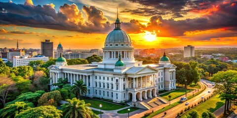 A grand, neoclassical government building with a stunning white dome and columned facade, surrounded by lush greenery and a vibrant cityscape at sunset.