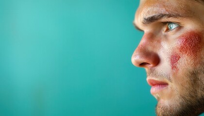 Obraz premium A close-up portrait of a man with a serious expression, showcasing intricate facial features and vivid eye color against a turquoise background.