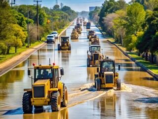 A heavy machinery convoy navigates a flooded road closure on a sunny day in Baton Rouge, Louisiana, amidst ongoing highway construction and repairs.