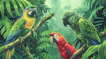 Three Parrots in a Tropical Rainforest.
