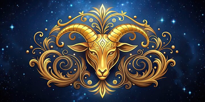 A intricately designed, golden-hued astrological symbol of Capricorn, embellished with ornate swirls and curved horns, set against a dark blue, starry night sky background.