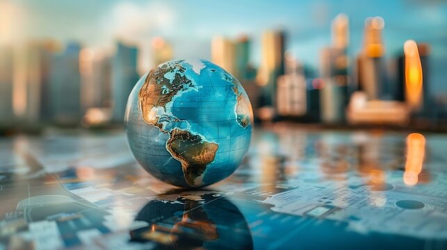 Globe on glass surface with blurry cityscape background for symbolizing global business international connections and modern economic network in worldwide communication concept.