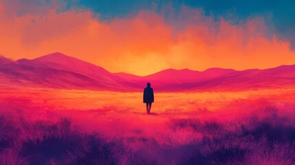 Obraz premium Silhouette of a Person Standing in a Vibrant Landscape Under a Sunset Sky