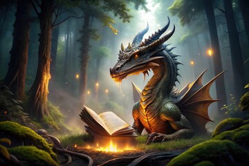 Fototapeta premium A magnificent dragon sits in a mystical forest, surrounded by misty moonlight, intently reading an ancient leather-bound book with a warm golden glow.