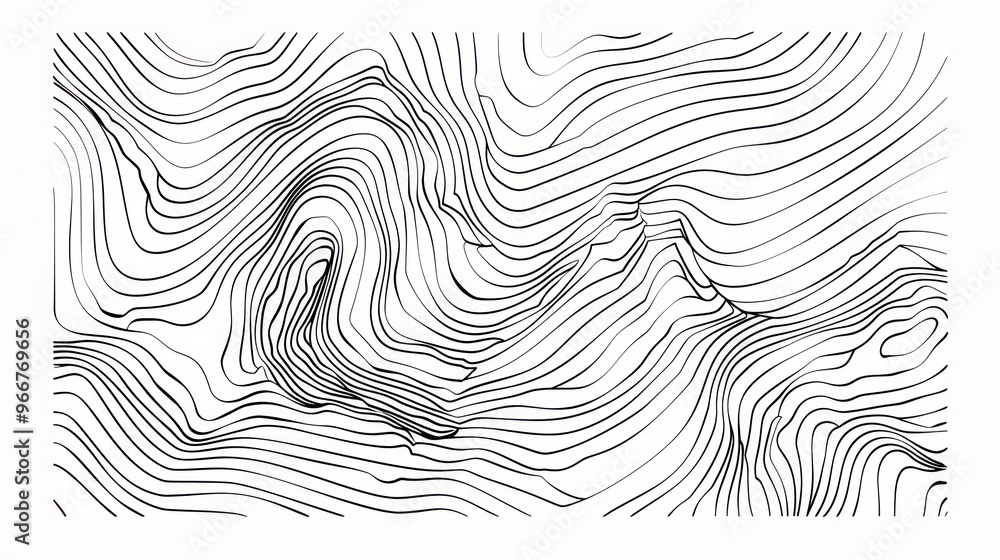 Poster abstract black and white line art pattern of flowing curves and waves on a white background.