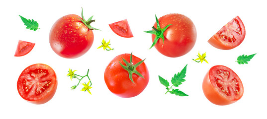 Tomato has water drop with slices and flower isolated on white background. tomato pattern concept. clipping path.