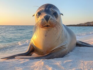 Playful Seal Resting on a Sandy Beach at Sunset with Golden Hour Light and Calm Ocean Waves in the Background