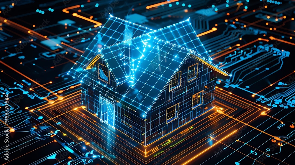 Poster 3d rendered image of a house on a circuit board, representing smart home technology and connectivity