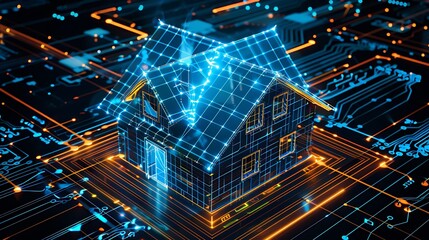 Fototapeta premium 3D rendered image of a house on a circuit board, representing smart home technology and connectivity.