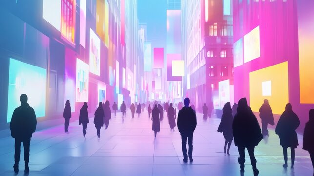 A digital marketplace filled with NFT artworks, with users browsing and purchasing virtual goods.