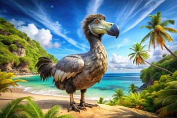 A majestic, flightless dodo bird stands proudly on a sunny tropical island, its fluffy grey-brown plumage and oversized beak evoking a sense of prehistoric wonder.