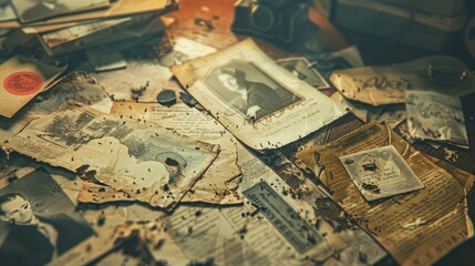 Vintage Old Papers and Photos, Scattered and Worn.