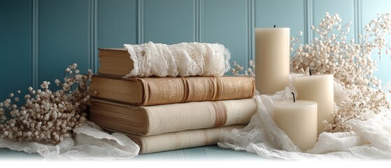 Vintage Books, Lace, Candles, and Dried Flowers on a Teal Background