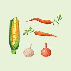 Corn, Carrots and Onion Shiny Colorful Vector Clip Art