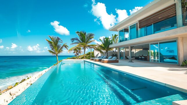 Modern villa with an infinity pool overlooking the ocean on a tropical island. The villa is built on a cliffside and has stunning views of the water.