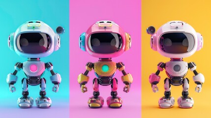 Three cute robots in blue, pink, and yellow colors standing in a row on a colorful background.