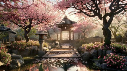 Tranquil Cherry Blossom Garden: Aesthetic Scene Created by Generative AI