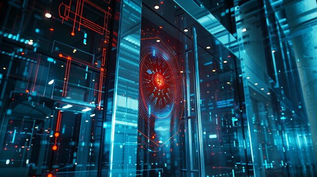 Futuristic server room with digital interfaces rows of servers illuminated by red and blue lights are a representation of data processed by the servers showing the potential power of technology.