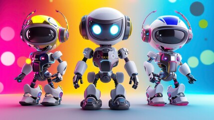 Three cute robots with headphones on a colorful background.