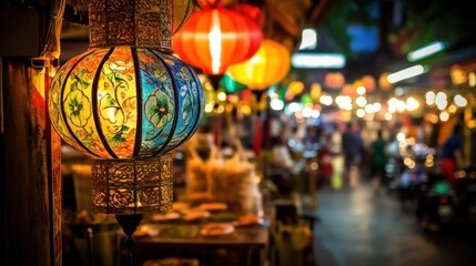 Obraz premium A Colorful Lantern Glows in a Busy Night Market