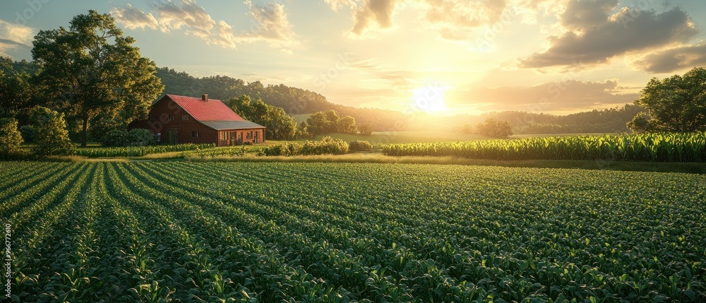 Wall mural Red Farmhouse on a Green Field at Sunset