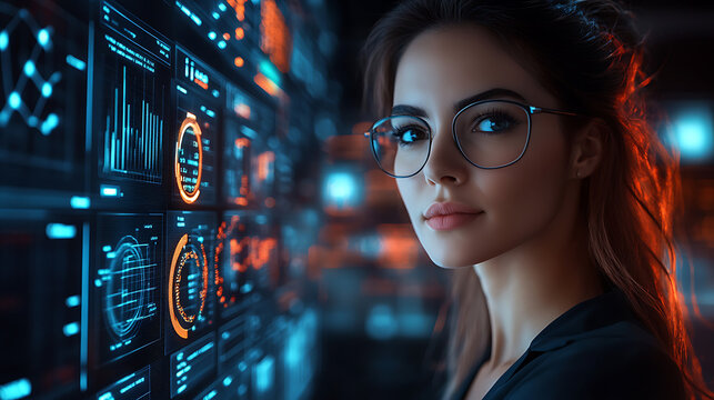 A woman with glasses is staring at a computer screen with many different colored