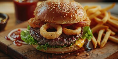Sesame Seed Bun Cheeseburger Onion Rings and Fries Presented on Wood Board