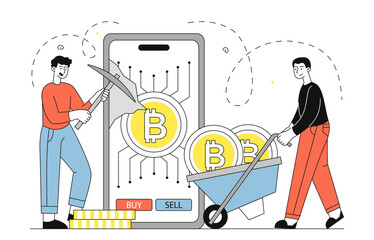 People with cryptocurrency mining. Men with pickaxe mine gold coins from smartphone. Bitcoin and blockchain technology. Investing and trading. Linear vector illustration
