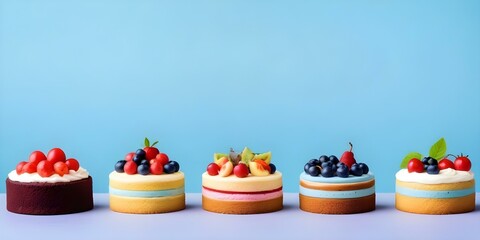 Three colorful cakes with various fresh fruits on a pink surface against a light blue background