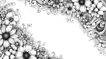 doodle abstract flower white and black on white background with copy space