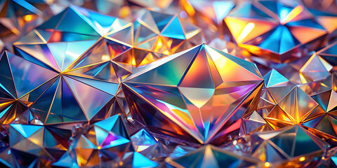 Prismatic Reflections: A mesmerizing abstract composition featuring iridescent, multifaceted crystals bathed in warm, vibrant hues. The interplay of light and color creates a dynamic 