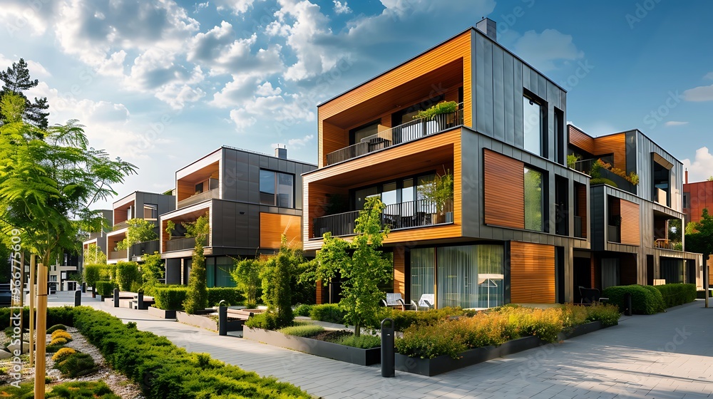Poster modern residential complex with minimalist sleek architecture featuring a combination of glass steel