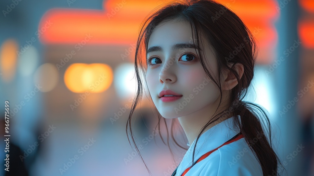 Canvas Prints Portrait of a young woman with a warm, inviting smile, looking directly at the camera, her dark hair cascading down her shoulders.