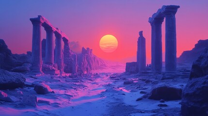 Fototapeta premium Ruins of an Ancient Temple at Sunset in a Purple and Pink Landscape