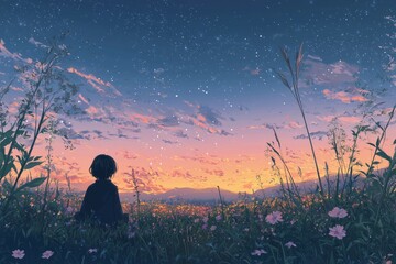 Obraz premium Quiet meadow with tall grasses swaying gently, under a soft twilight sky. Cozy vibe, Generative AI