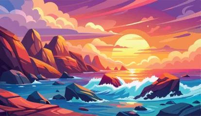 Fototapete Rund Warmes Lila Beautiful sunset over the ocean with waves crashing against the rocks  © fiore26