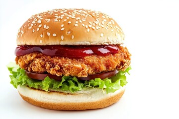 Delicious chicken burger, double burger with crispy chicken meat, salad and sauce isolated on white background , ai