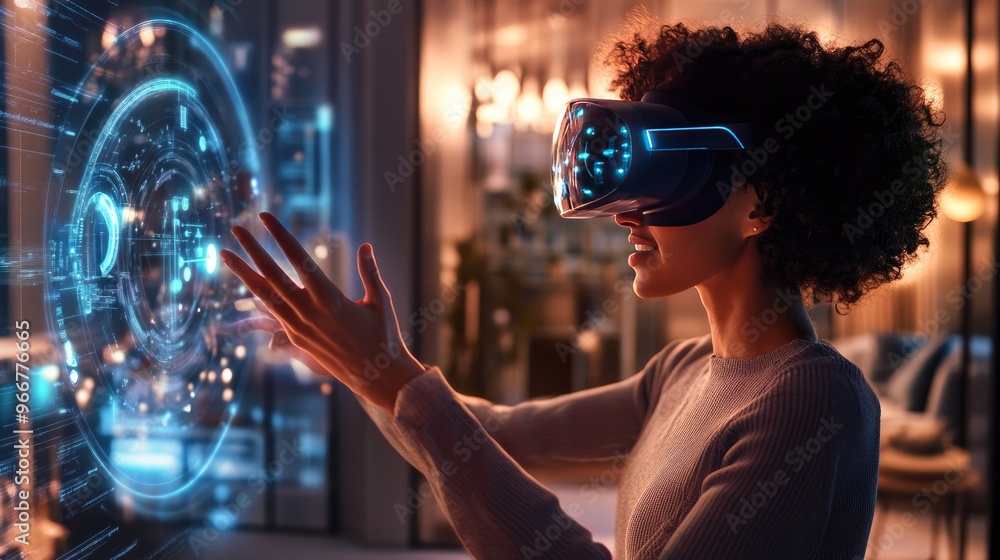 Aufkleber a person interacting with a virtual assistant in the metaverse, using voice commands and gestures.