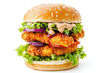 Delicious chicken burger, double burger with crispy chicken meat, salad and sauce isolated on white background , ai