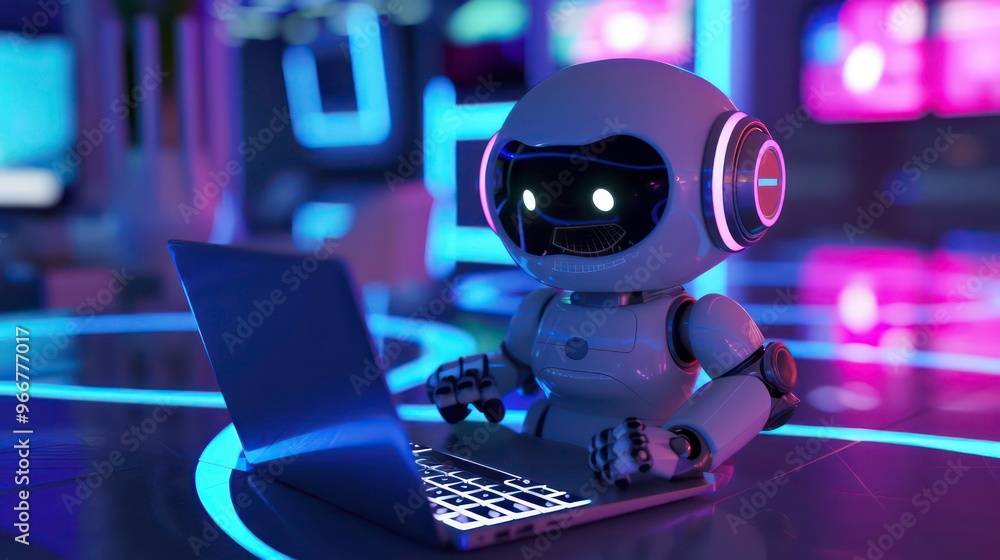 Poster a white robot with glowing eyes sits at a desk in a futuristic setting, using a laptop computer.