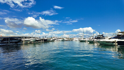 Luxurious yacht in Miami beach. Marina in Miami Beach, Florida. Luxury South beach marina. Miami...