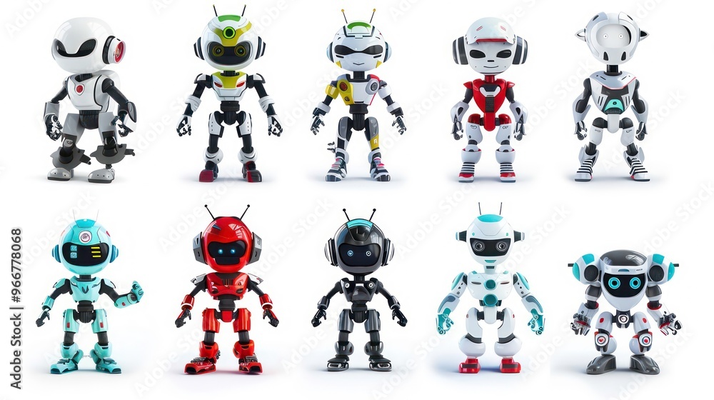 Poster a collection of ten unique and colorful robots in various poses against a white background.