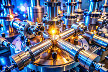 Precision Engineering: A laser focuses intently, illuminating the intricate workings of a high-tech machine in an industrial setting. 