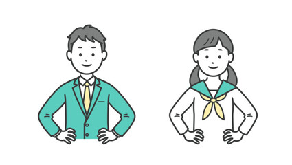 腰に手を当てる男女の学生の上半身イラスト