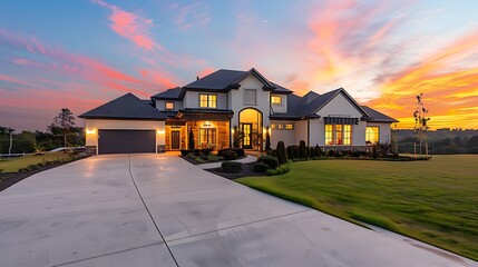 Beautiful modern home with a large driveway and a manicured lawn, captured during a vibrant sunset. The architectural details and landscaping create a sense of luxury and elegance.