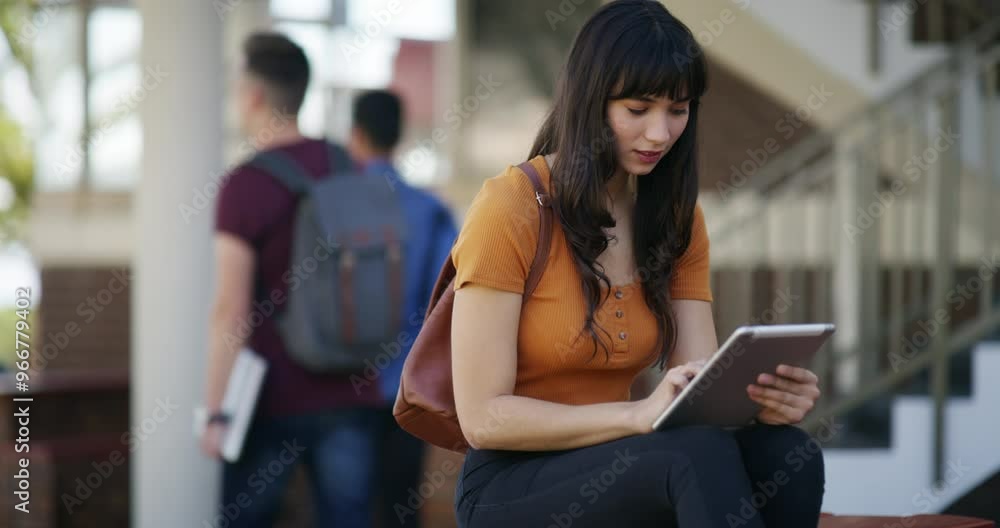 Poster woman, student smile and tablet on campus, university or college for e learning research, website or